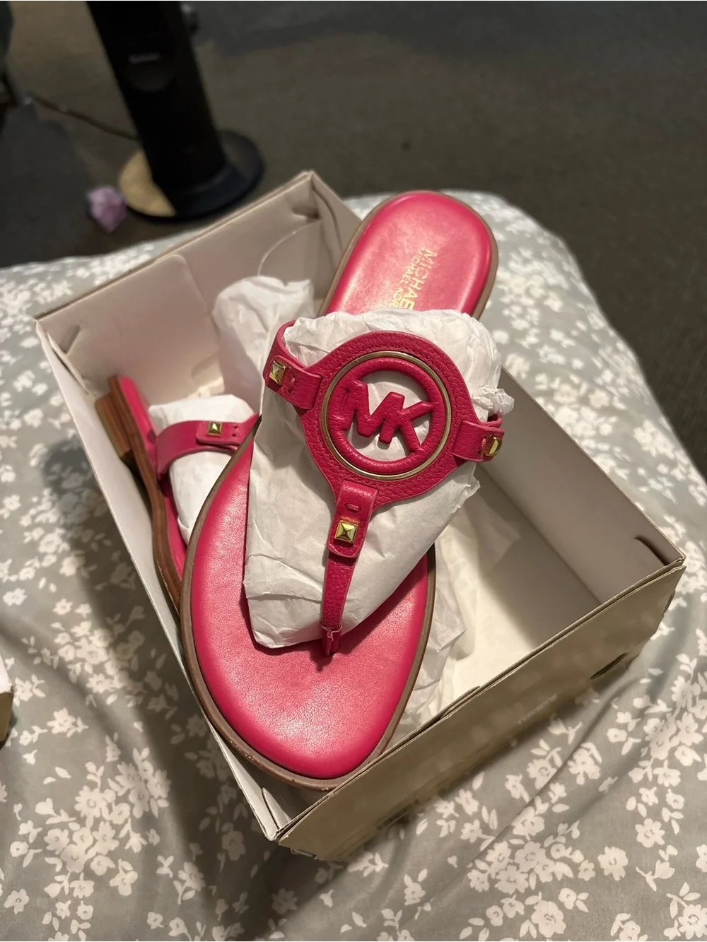 Michael Kors Hot Pink MK Logo Leather Thong Sandals